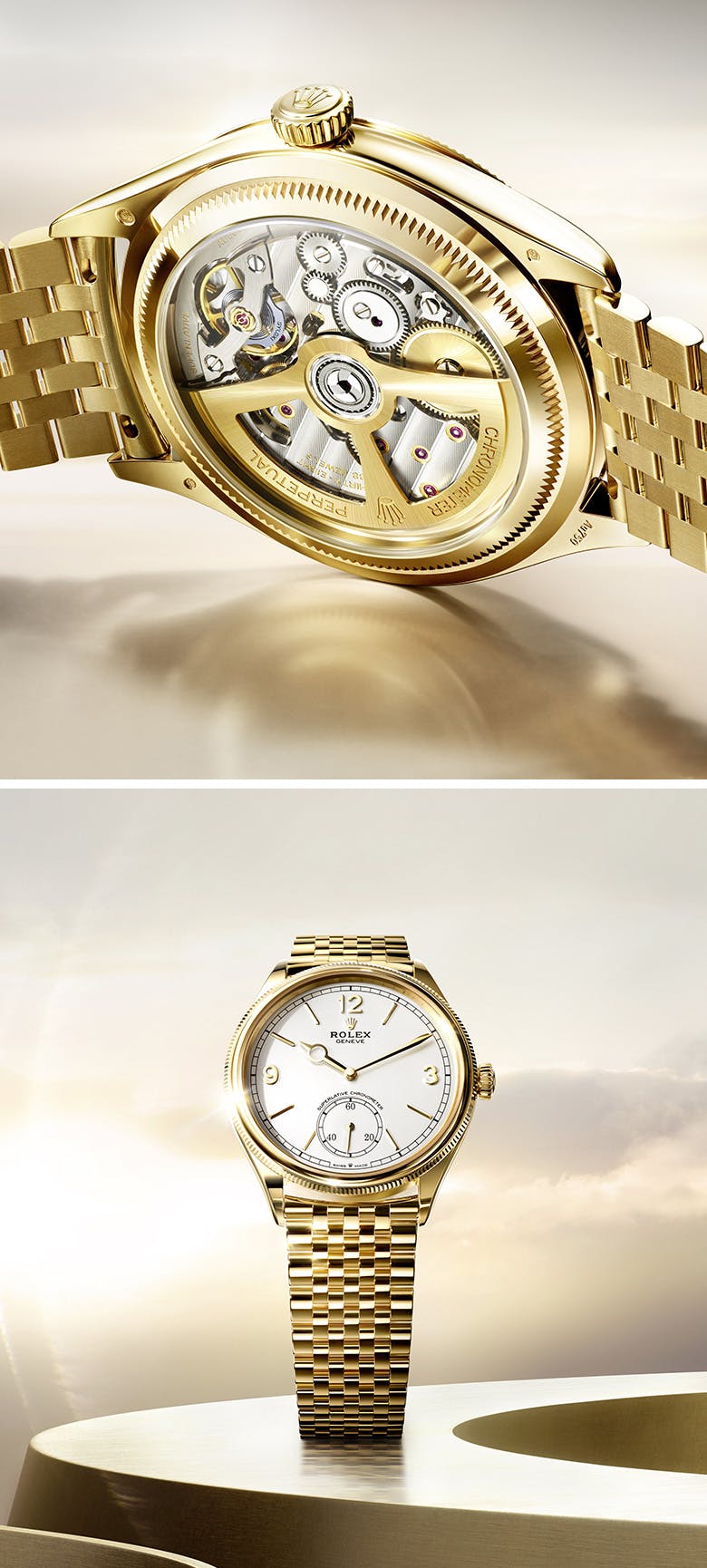 Rolex Perpetual 1908 double image of full watch on table and closeup face shot white dial with gold hands