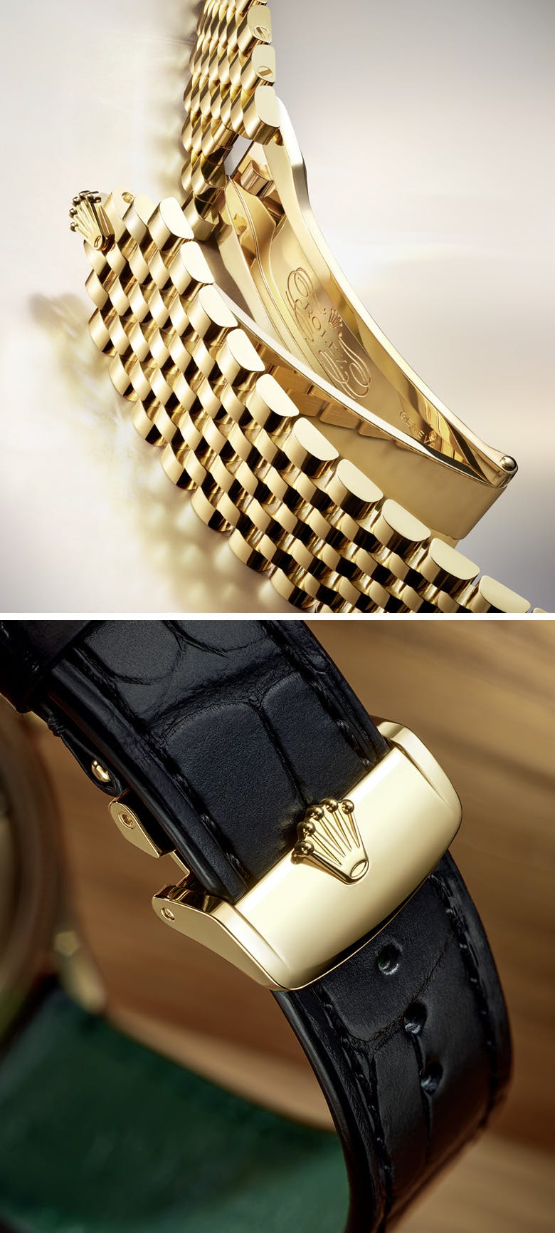 Rolex Perpetual 1908 watch close-up of gold bracelet and brown leather strap