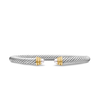 Vertical Classic Cable Bracelet in Sterling Silver with 14K Yellow Gold and Pearls, 5mm