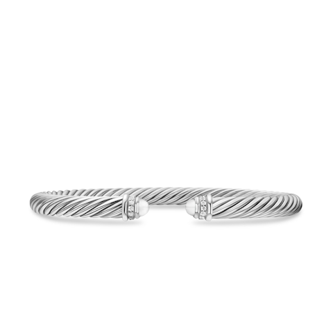 Vertical Classic Cable Bracelet in Sterling Silver with Pearls and Diamonds, 5mm