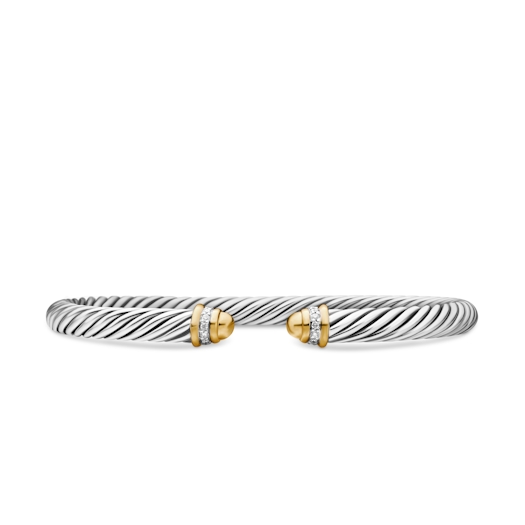 Vertical Classic Cable Bracelet in Sterling Silver with 18K Yellow Gold, Gold Domes and Diamonds, 5mm