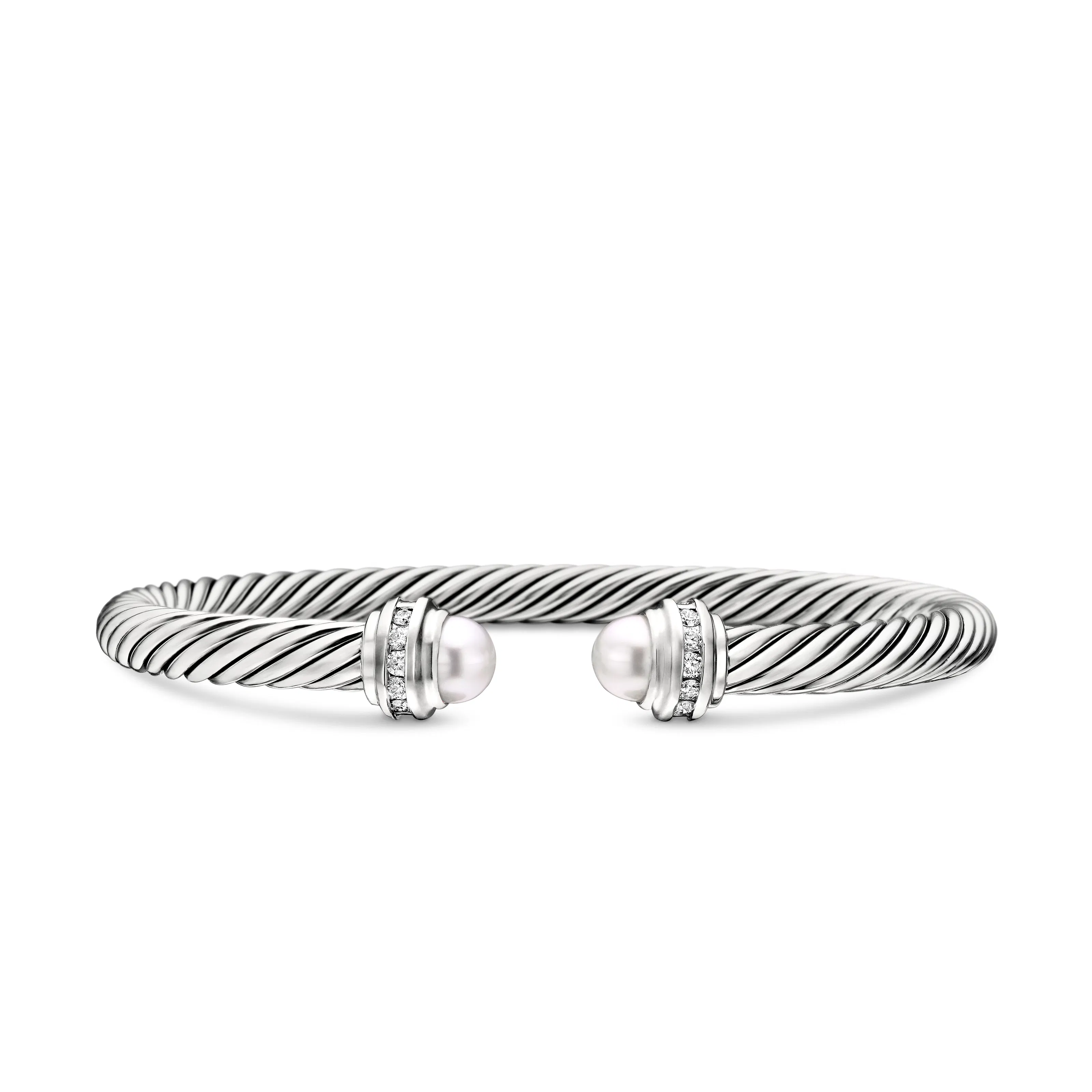 Vertical Classic Cable Bracelet in Sterling Silver with Pearls and Diamonds, 5mm
