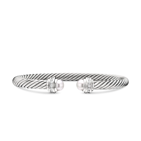 Vertical Classic Cable Bracelet in Sterling Silver with Pearls and Diamonds, 5mm