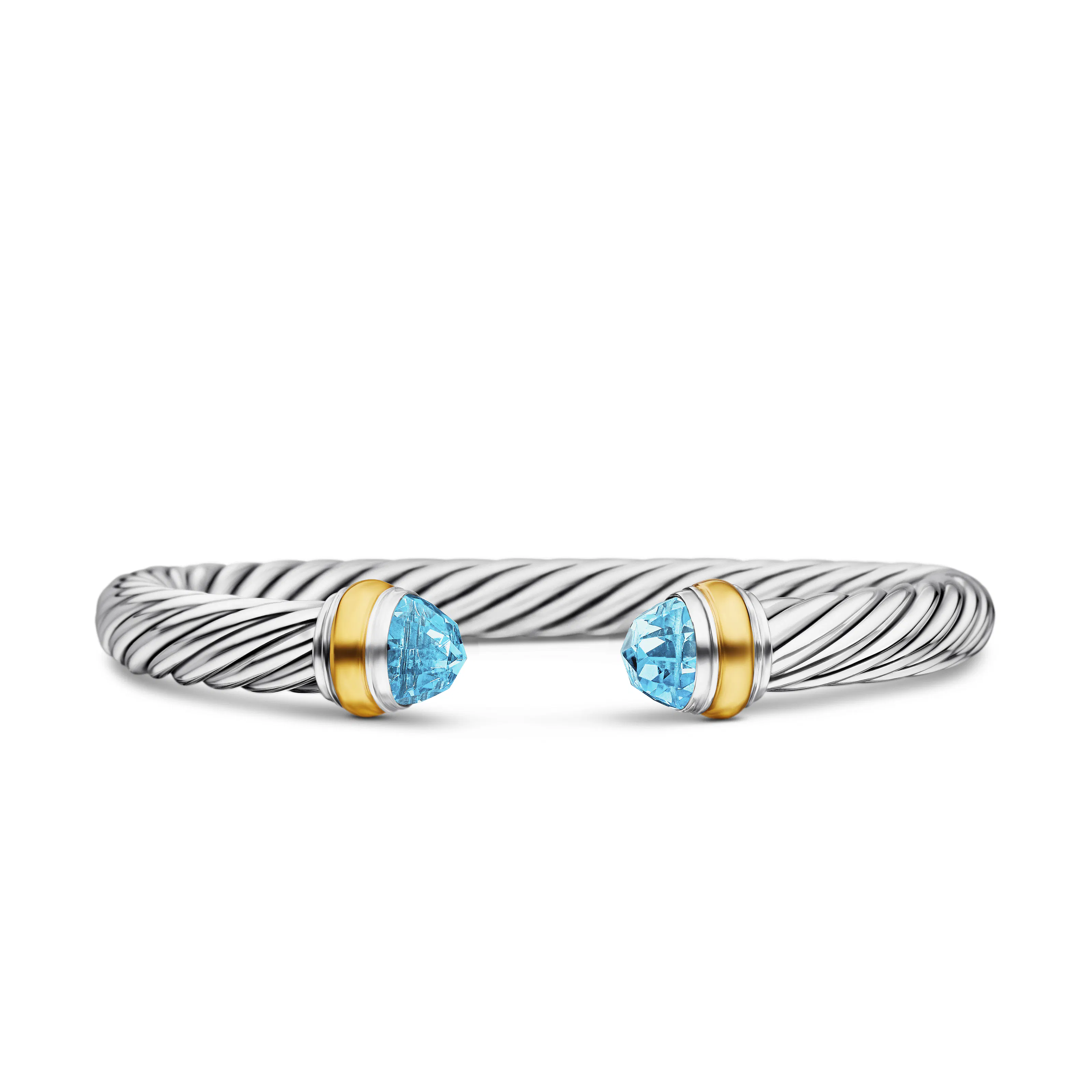 Vertical Classic Cable Bracelet in Sterling Silver with 14K Yellow Gold and Blue Topaz, 7mm