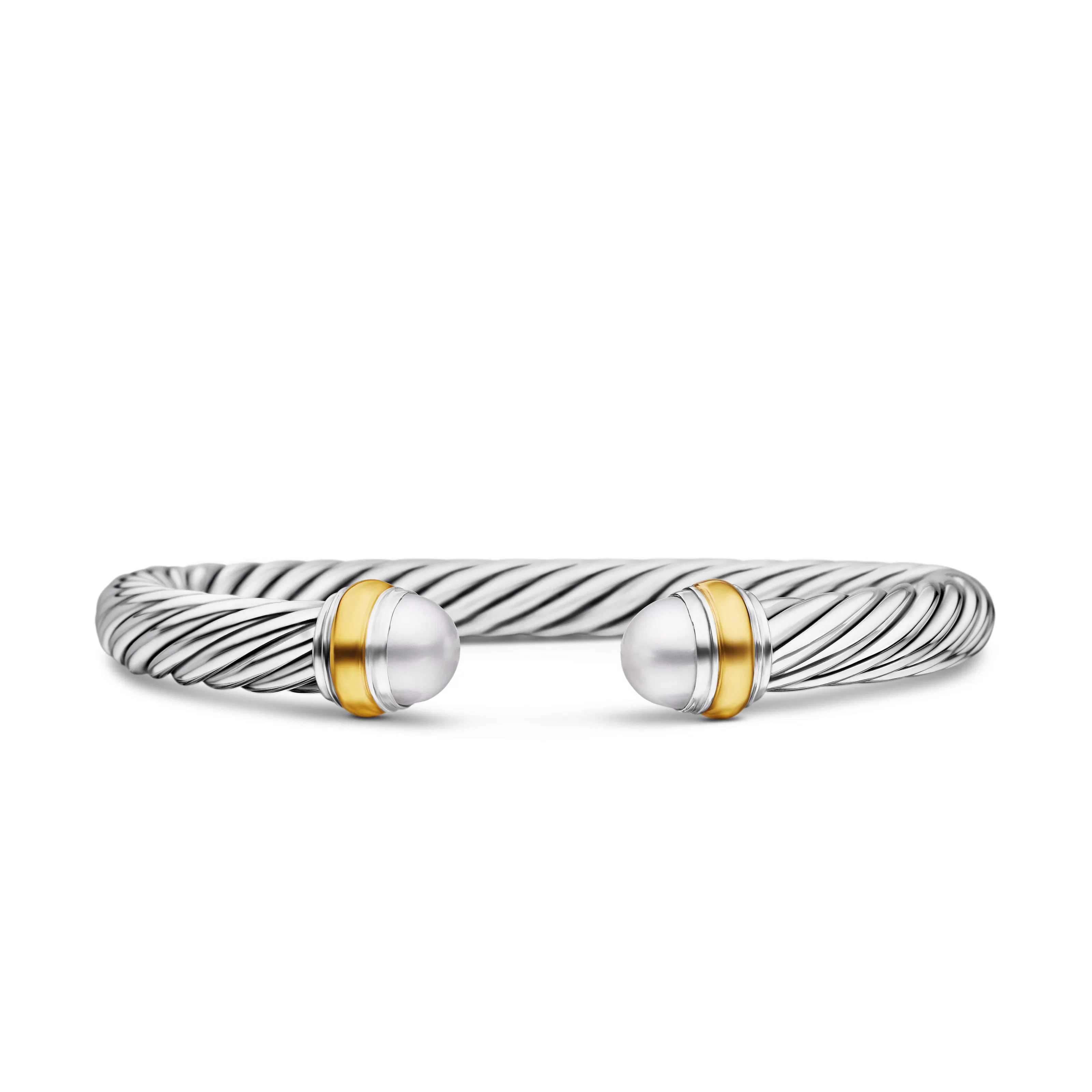 Vertical Classic Cable Bracelet in Sterling Silver with 14K Yellow Gold and Pearls, 7mm