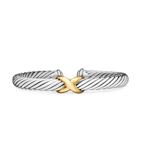 Vertical X Classic Cable Station Bracelet in Sterling Silver with 14K Yellow Gold, 7mm