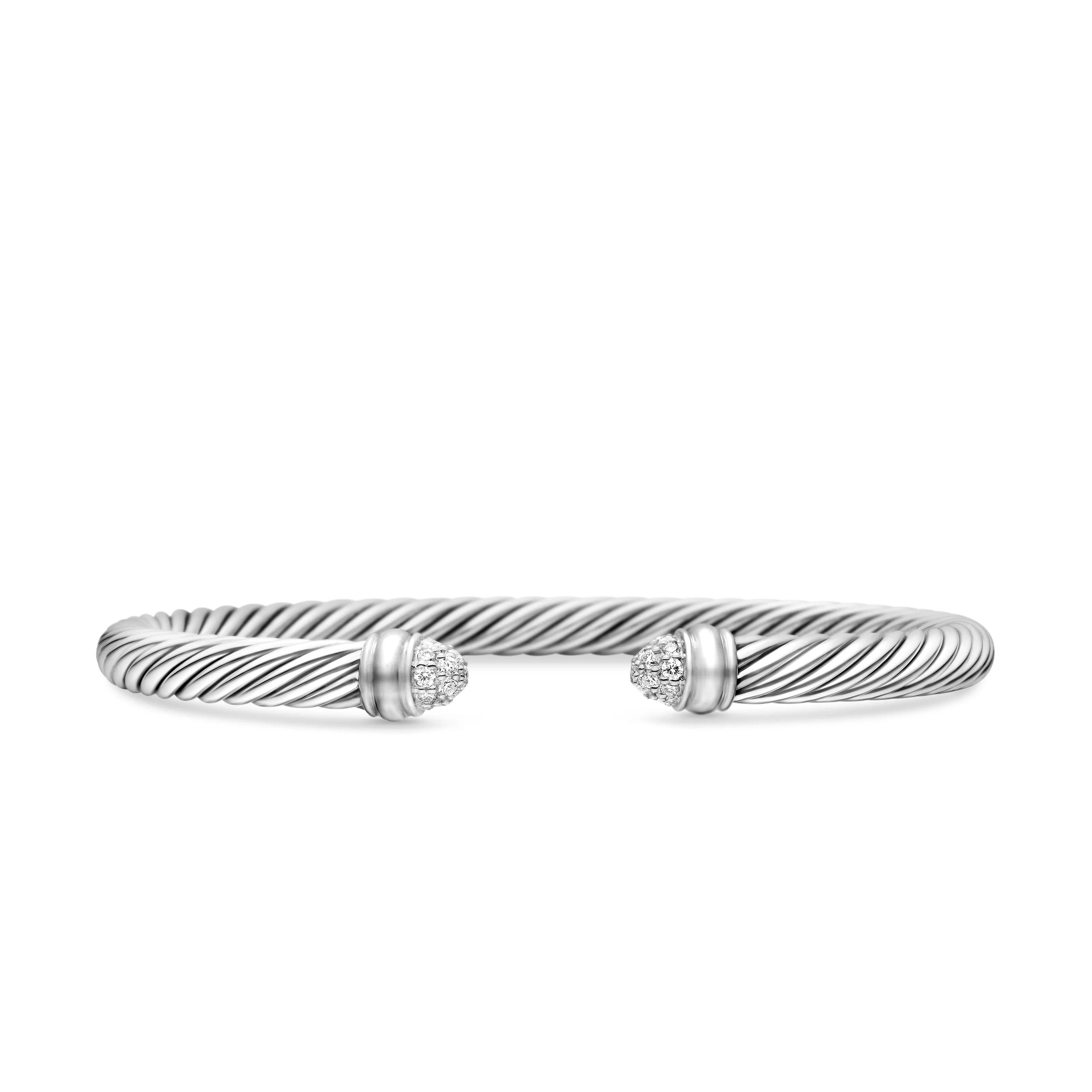 Vertical Classic Cable Bracelet in Sterling Silver with Pav Diamond Domes, 5mm