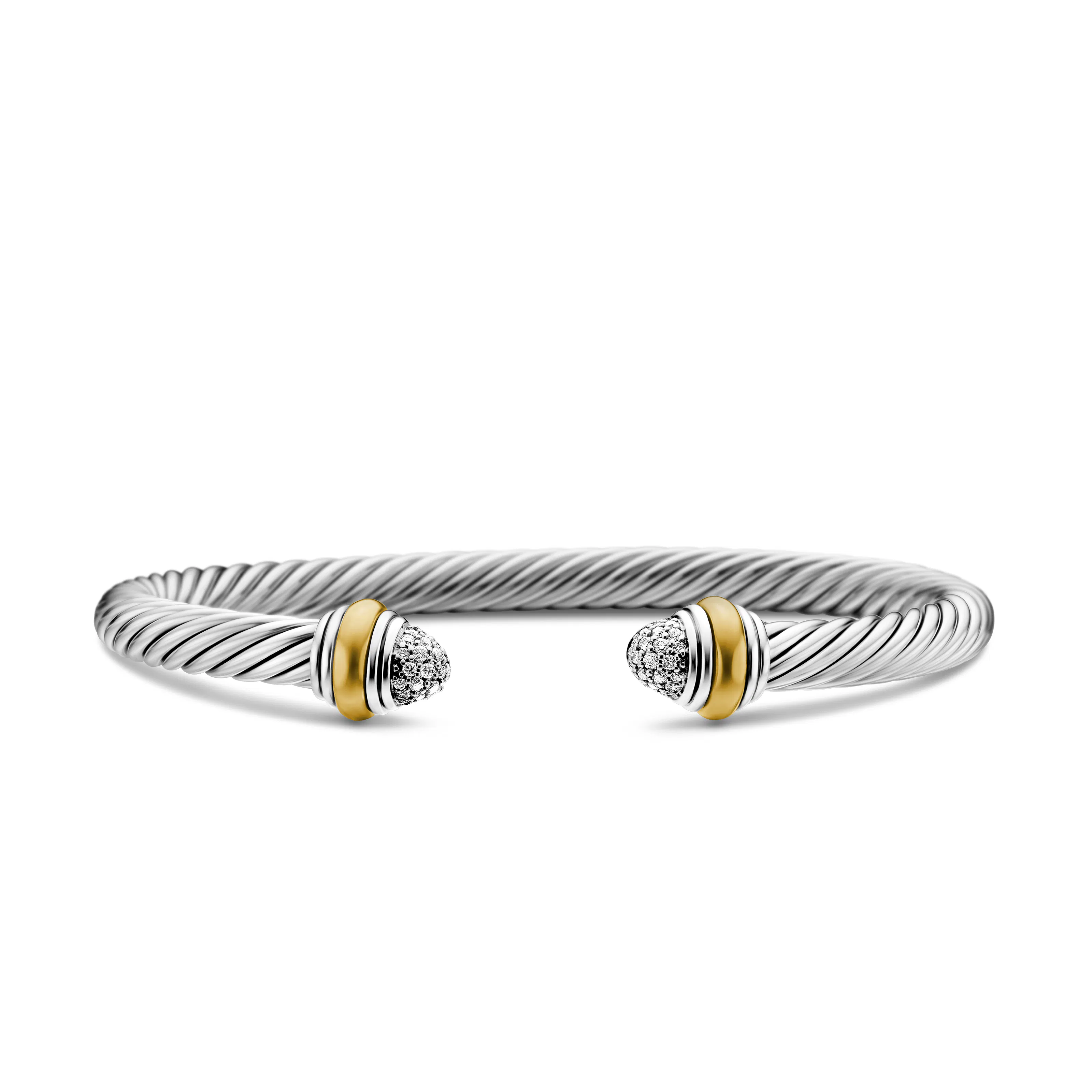 Vertical Classic Cable Bracelet in Sterling Silver with 14K Yellow Gold and Pav Diamond Domes, 5mm