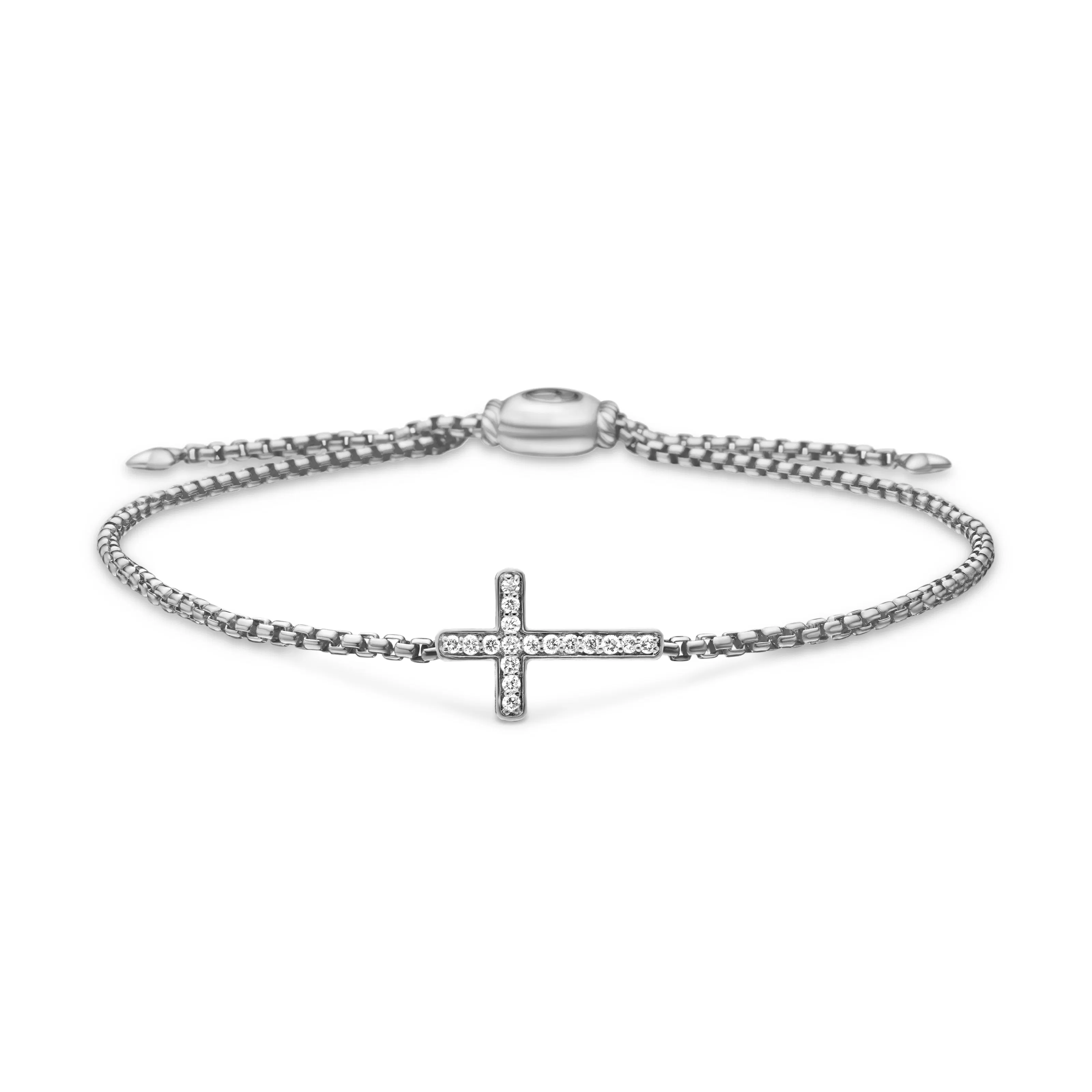 Vertical Petite Pavé Cross Chain Bracelet in Sterling Silver with Diamonds, 1.7mm