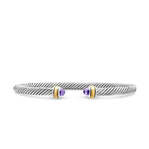 Vertical Classic Cable Bracelet in Sterling Silver with 18K Yellow Gold and Amethyst, 4mm