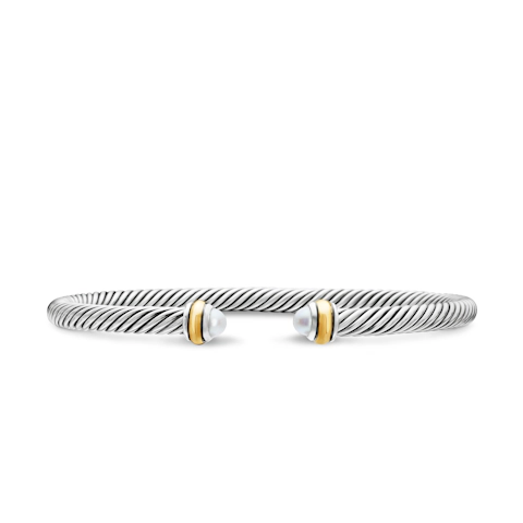 Vertical Classic Cable Bracelet in Sterling Silver with 18K Yellow Gold and Pearls, 4mm