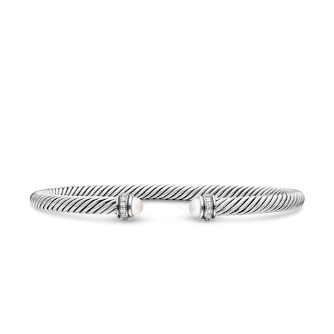 Vertical Classic Cable Bracelet in Sterling Silver with Pearls and Diamonds, 4mm
