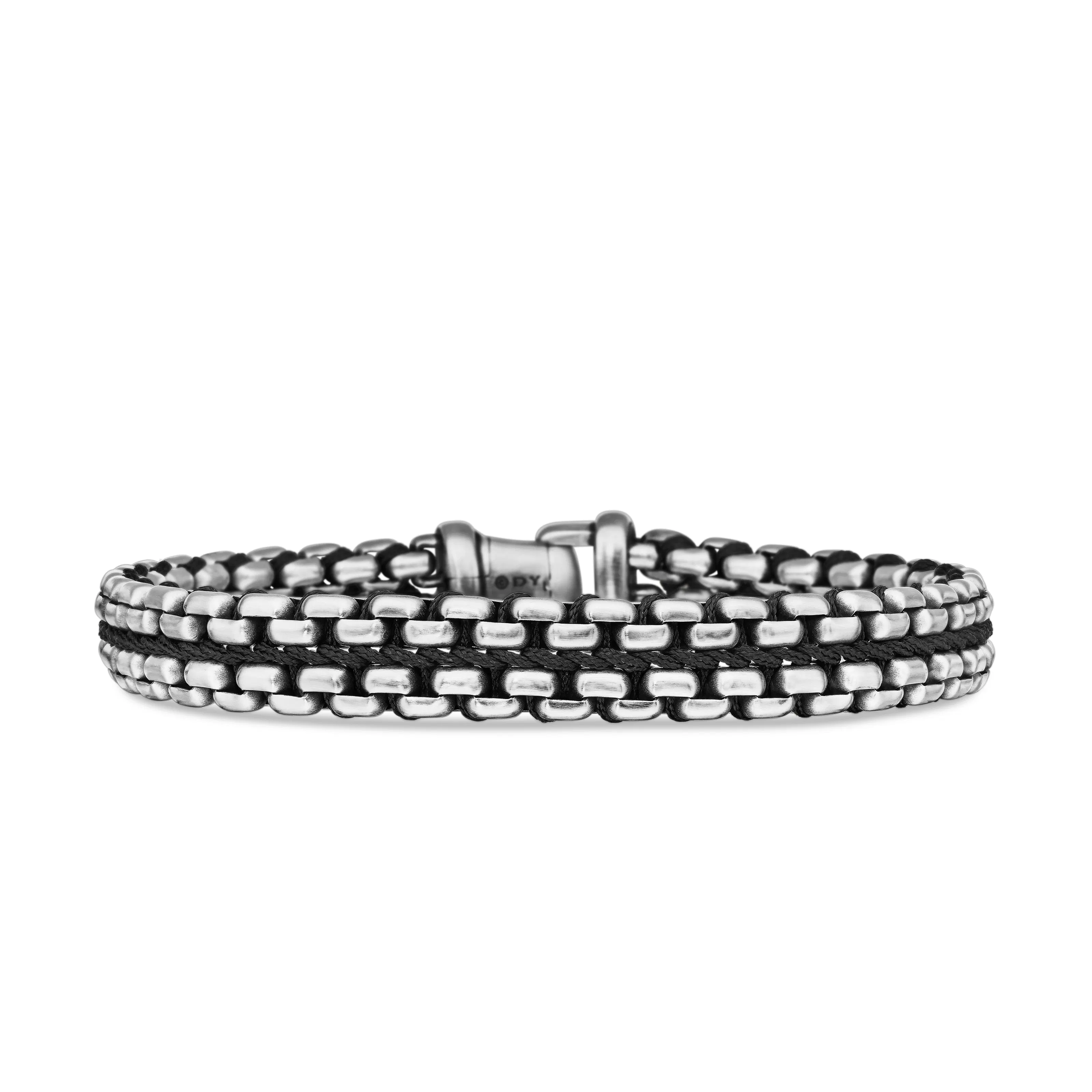 Vertical Woven Box Chain Bracelet in Sterling Silver with Black Nylon, 12mm
