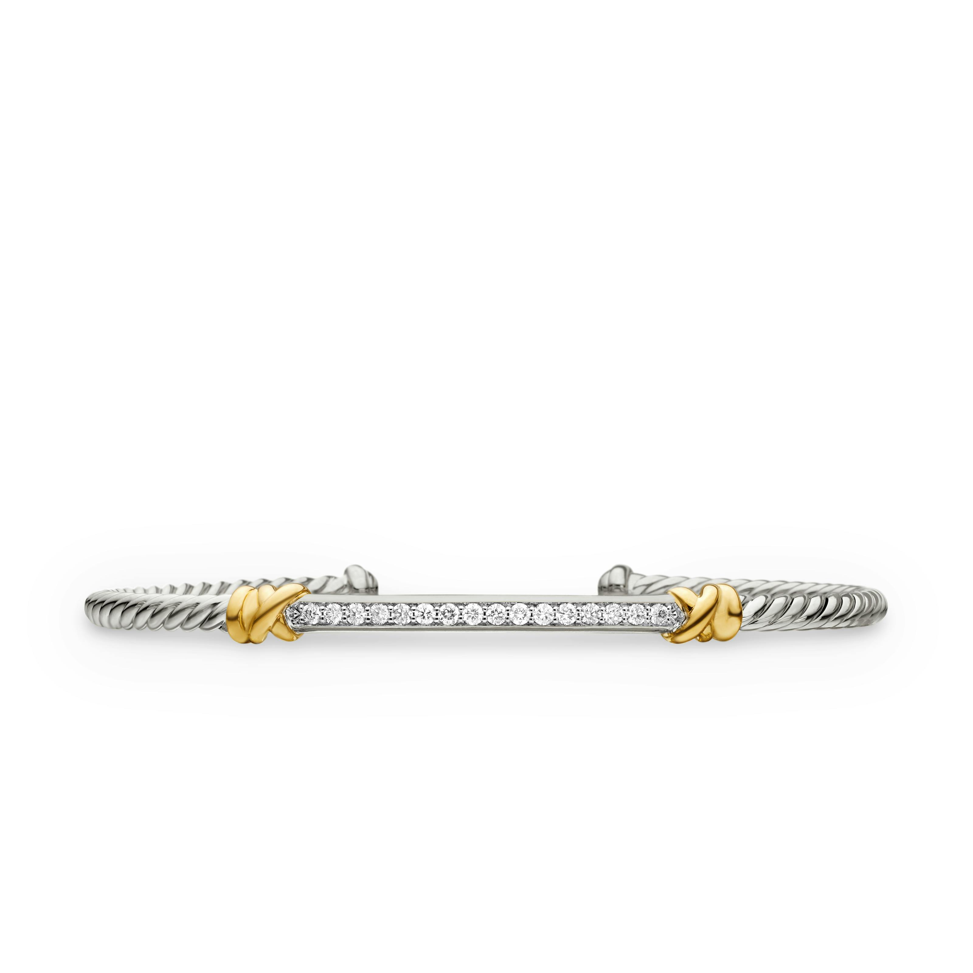 Vertical Petite Helena Classic Cable Station Bracelet in Sterling Silver with 18K Yellow Gold with Diamonds, 3mm