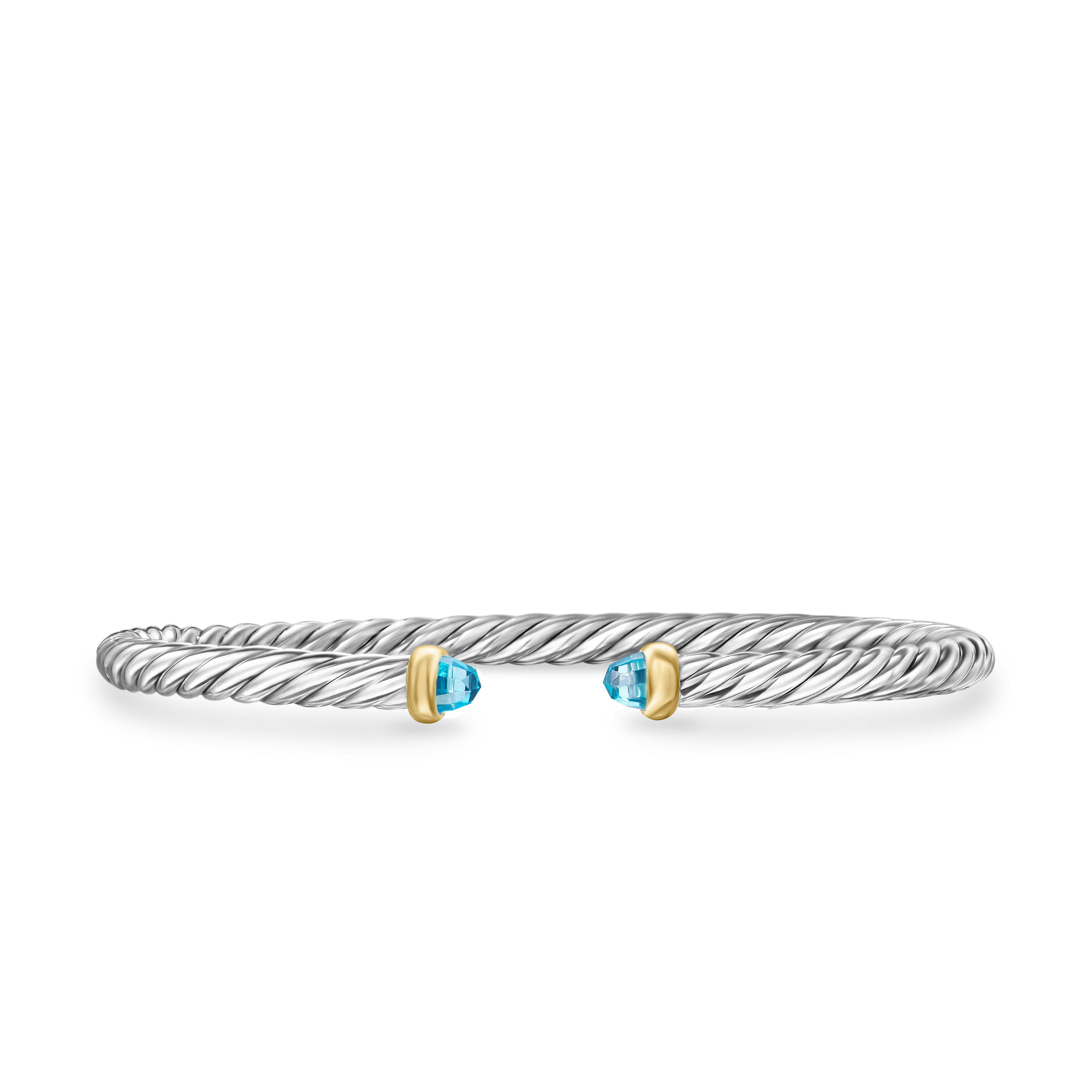 Vertical Cable Flex Bracelet in Sterling Silver with 14K Yellow Gold and Blue Topaz, 4mm