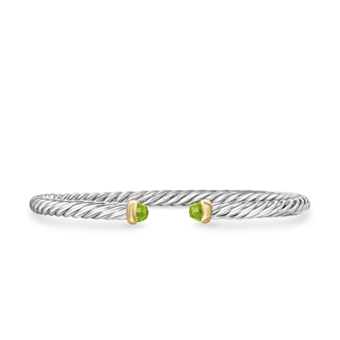 Vertical Cable Flex Bracelet in Sterling Silver with 14K Yellow Gold and Peridot, 4mm