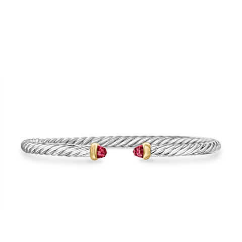 Vertical Cable Flex Bracelet in Sterling Silver with 14K Yellow Gold and Rhodolite Garnet, 4mm