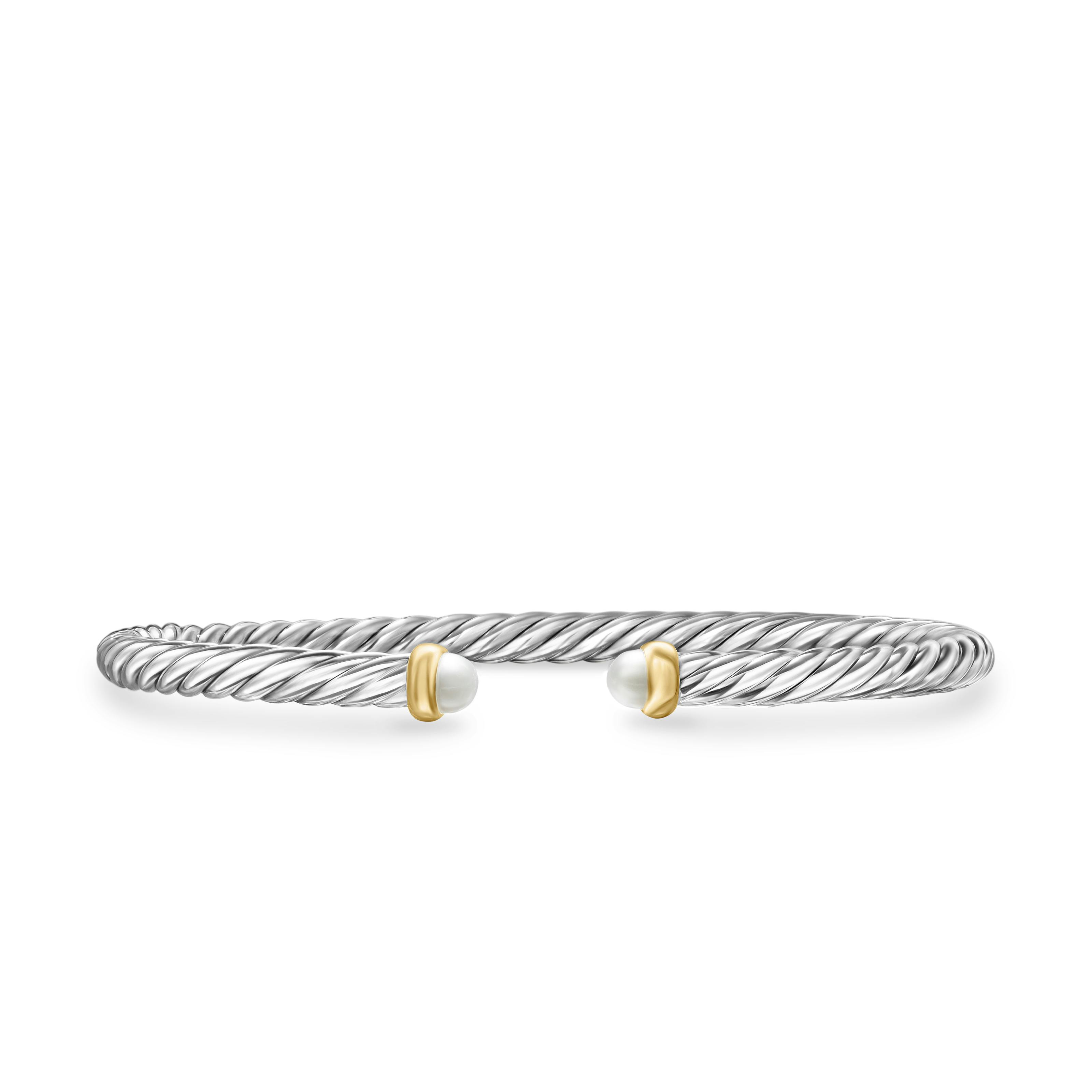 Vertical Cable Flex Bracelet in Sterling Silver with 14K Yellow Gold and Pearls, 4mm