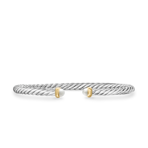 Vertical Cable Flex Bracelet in Sterling Silver with 14K Yellow Gold and Pearls, 4mm