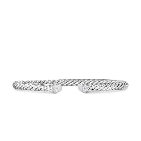 Vertical Cablespira Flex Bracelet in Sterling Silver with Pearls and Diamonds, 4mm