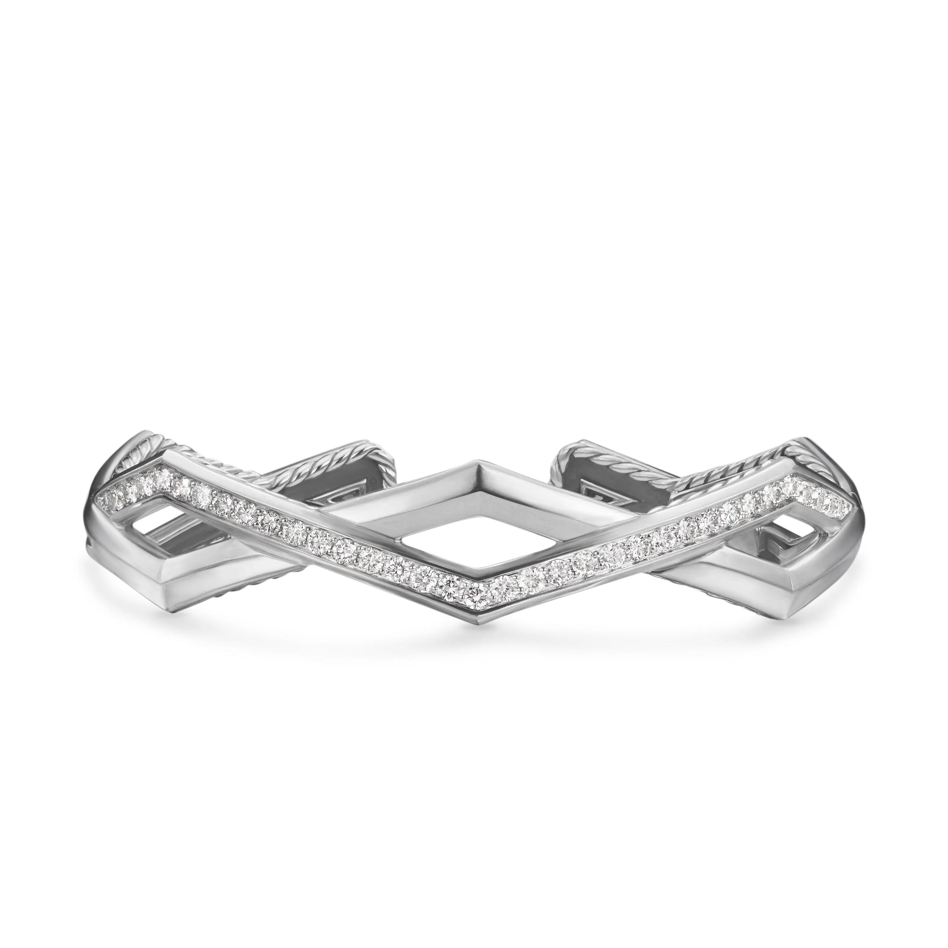 Vertical Zig Zag Stax Two Row Cuff Bracelet in Sterling Silver with Diamonds, 13mm