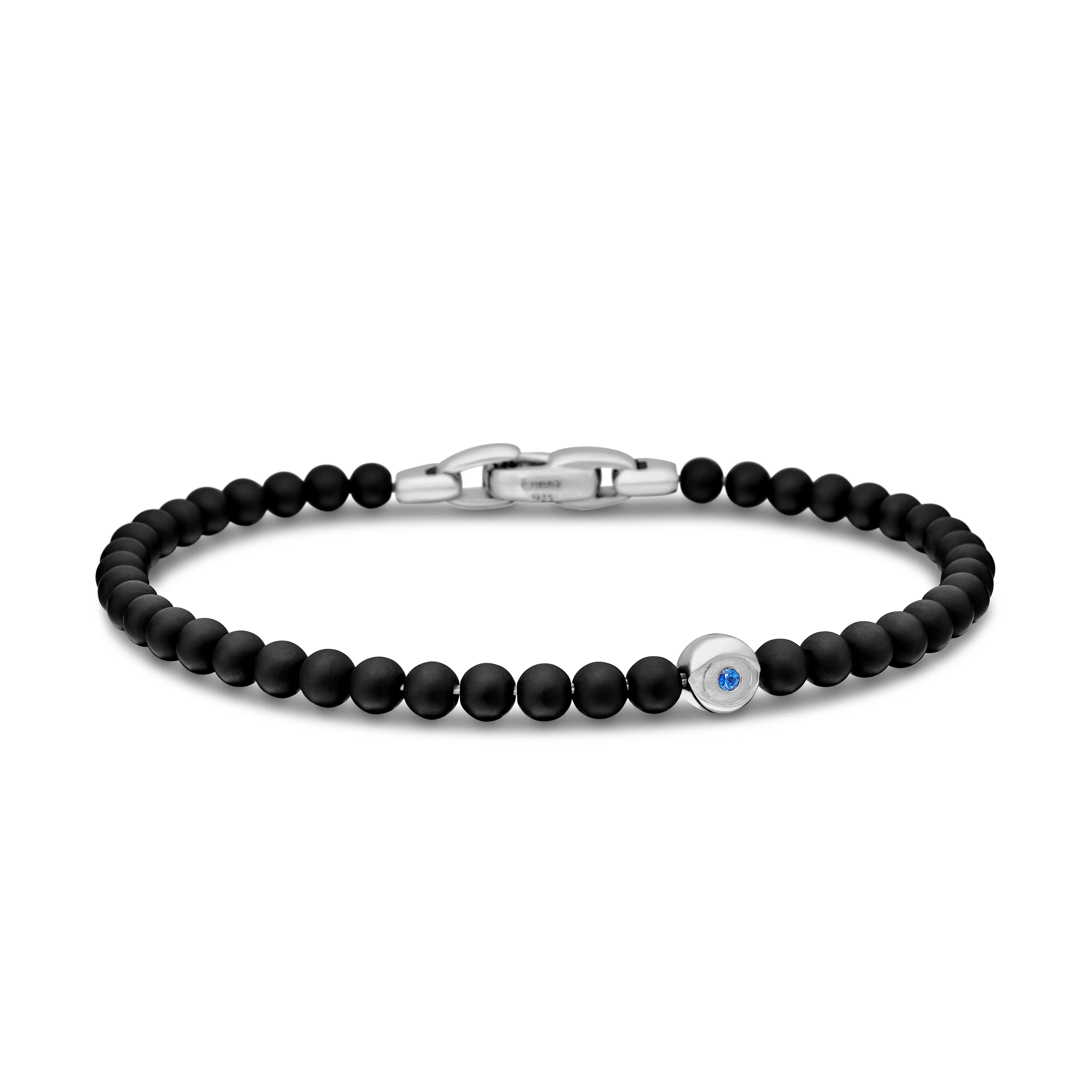 Vertical Spiritual Beads Evil Eye Bracelet in Sterling Silver with Black Onyx and Sapphire, 4mm