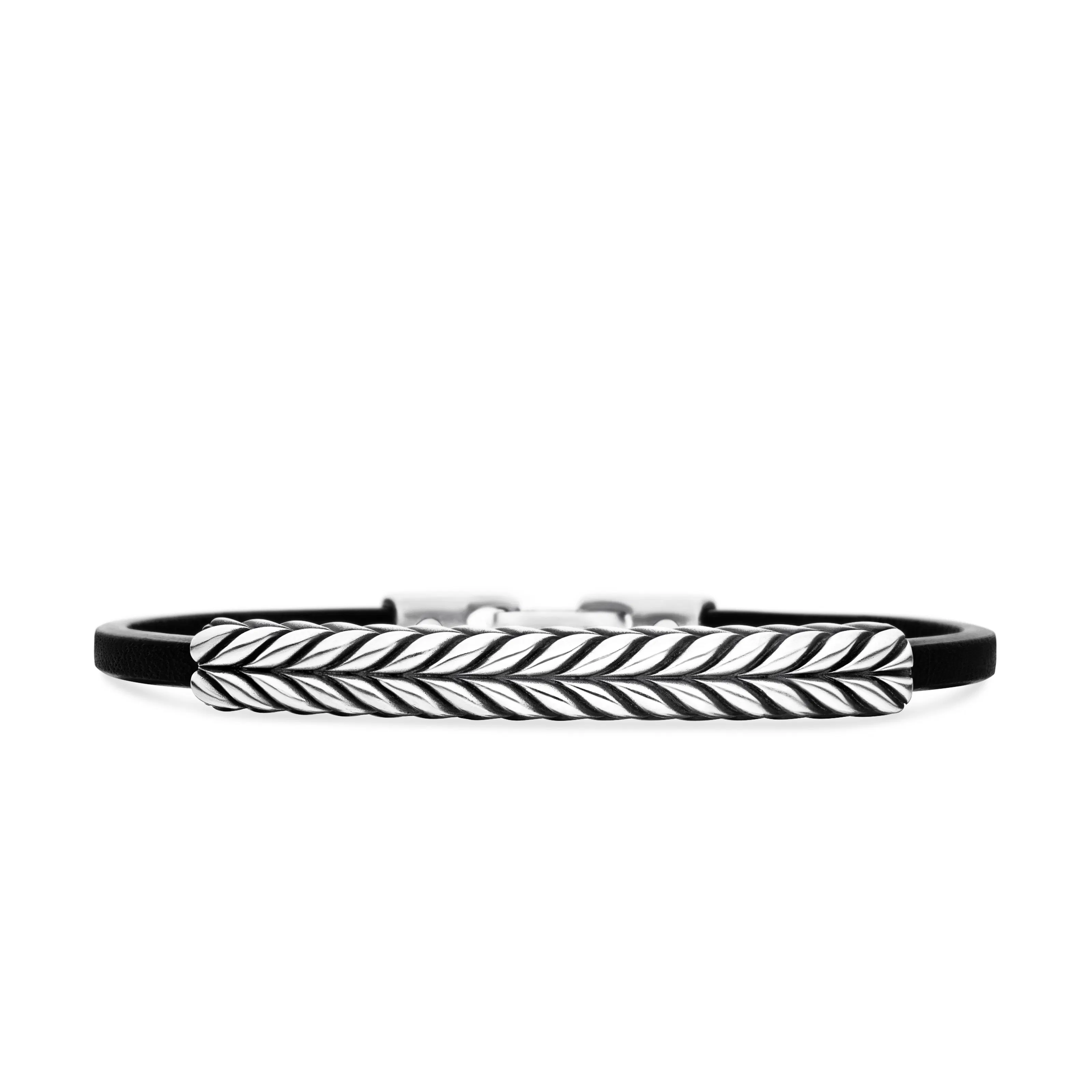 Vertical Chevron ID Bracelet  in Black Leather with Sterling Silver, 6.6mm