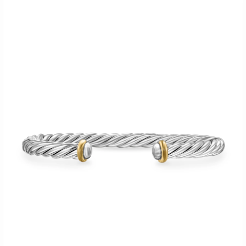 Vertical Cable Cuff Bracelet in Sterling Silver with 14K Yellow Gold, 6mm