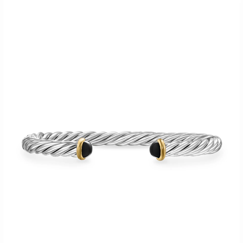 Vertical Cable Cuff Bracelet in Sterling Silver with 14K Yellow Gold and Black Onyx, 6mm