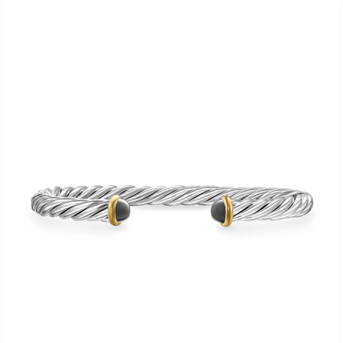 Vertical Cable Cuff Bracelet in Sterling Silver with 14K Yellow Gold and Hematine, 6mm