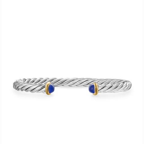 Vertical Cable Cuff Bracelet in Sterling Silver with 14K Yellow Gold and Lapis, 6mm