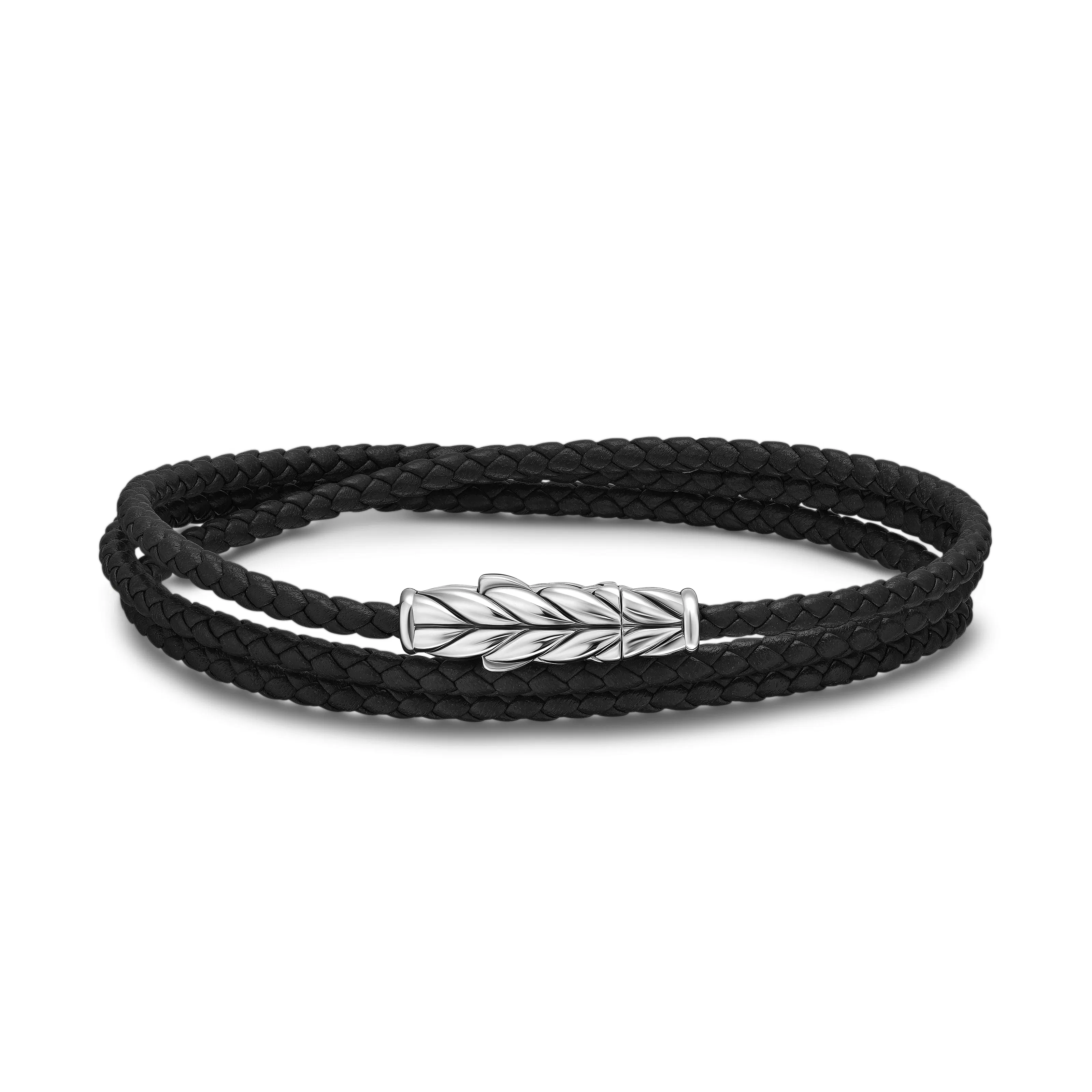 Vertical Chevron Triple Wrap Bracelet in Black Leather with Sterling Silver, 3mm
