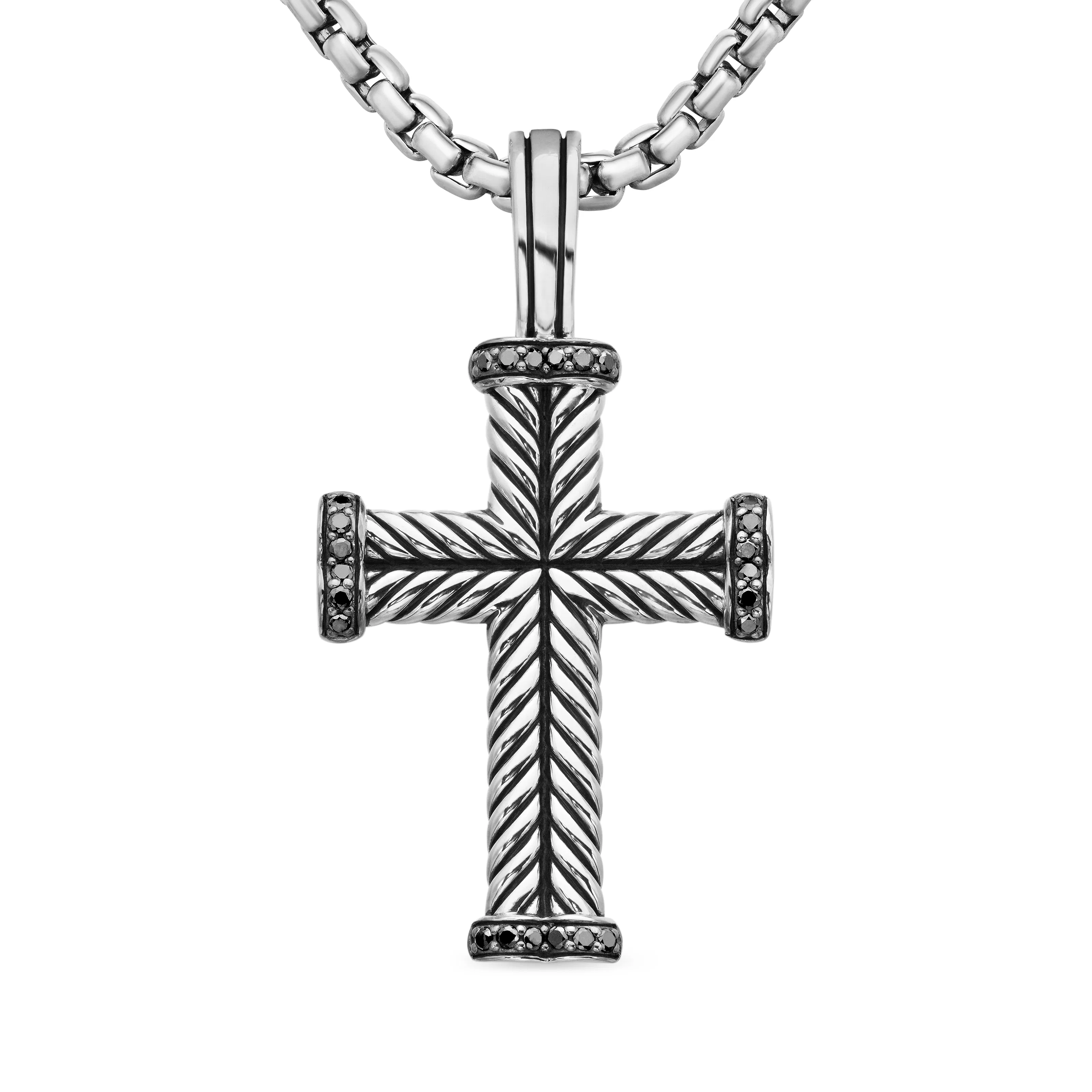 Vertical Chevron Cross Pendant in Sterling Silver with Black Diamonds, 33.5mm