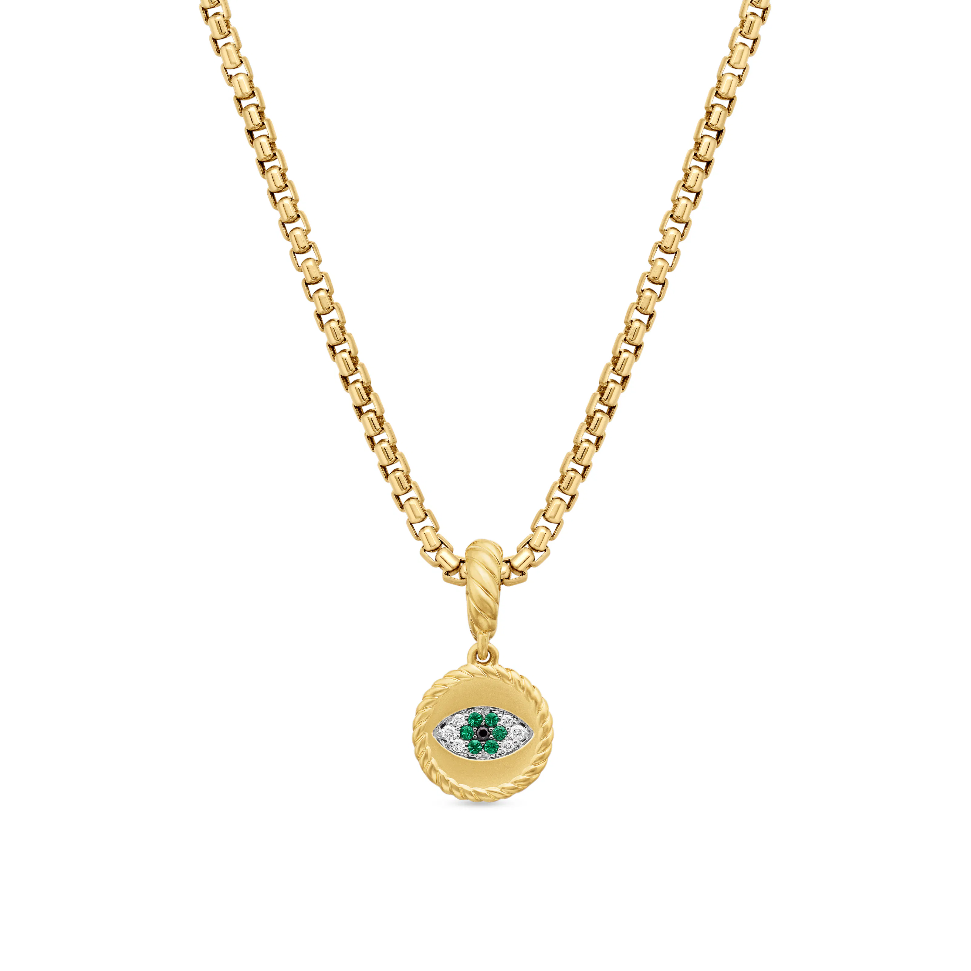 Vertical Evil Eye Amulet in 18K Yellow Gold with Pav Emeralds and Diamonds, 18.8mm
