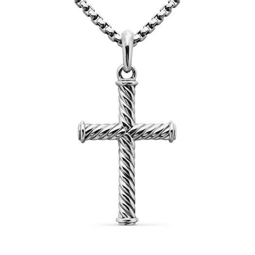 Vertical Cable Cross Pendant in Sterling Silver, 35mm