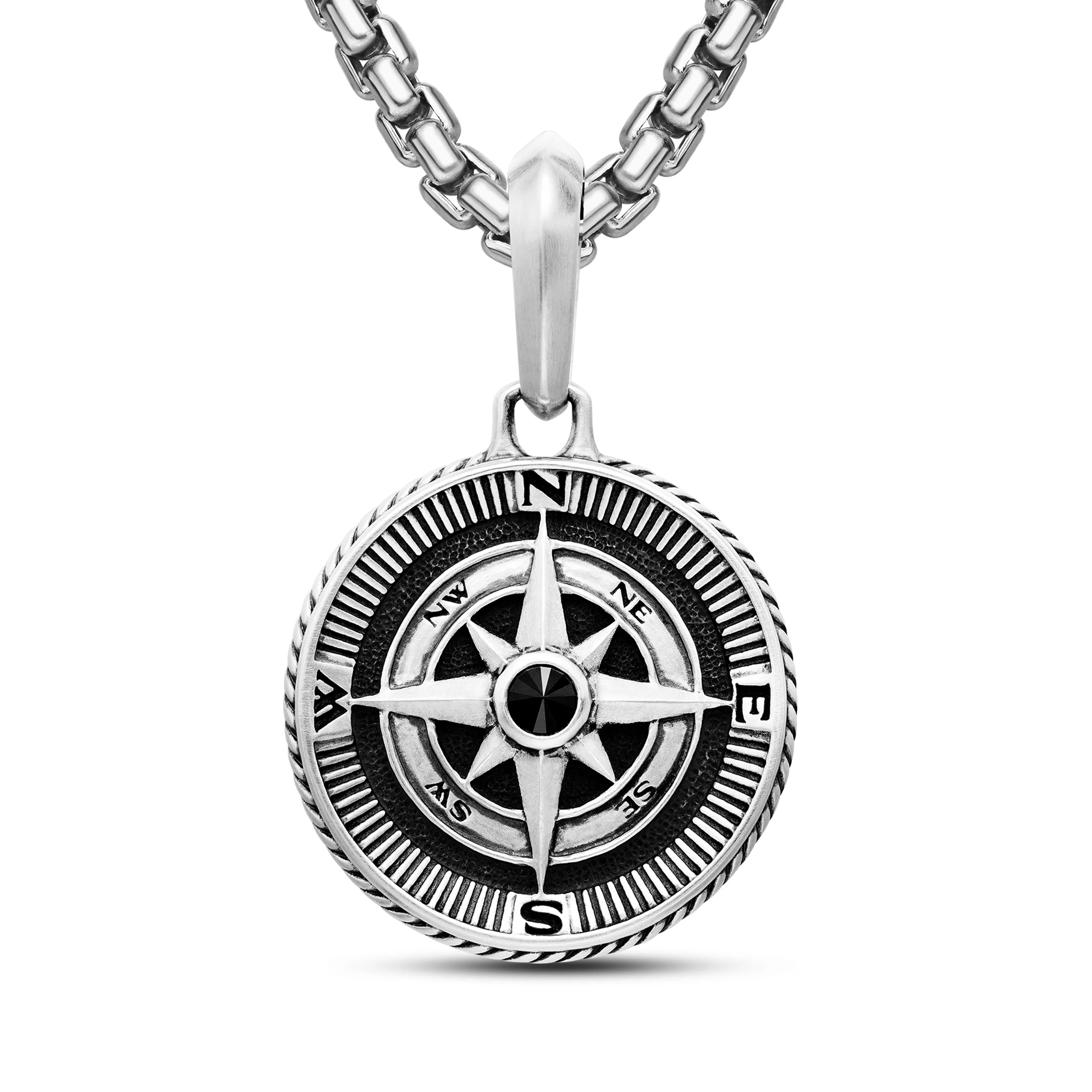 Vertical Maritime Compass Amulet in Sterling Silver with Center Black Diamond, 29.5mm