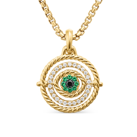 Vertical Evil Eye Mobile Amulet in 18K Yellow Gold with Pav Emeralds and Diamonds, 20.5mm