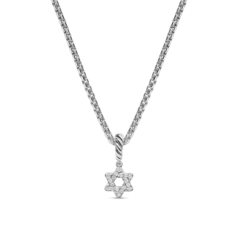 Vertical Micro Pav Star of David Amulet in Sterling Silver with Diamonds, 7.4mm
