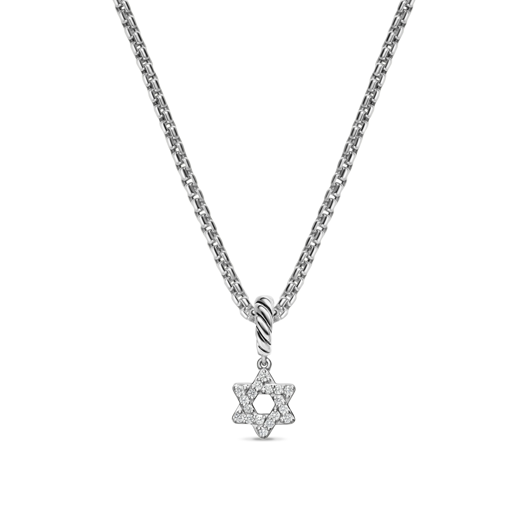 Vertical Micro Pav Star of David Amulet in Sterling Silver with Diamonds, 7.4mm