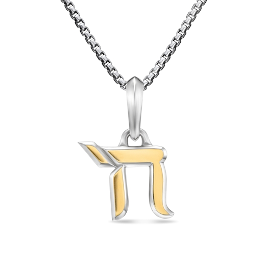 Vertical Chai Amulet in Sterling Silver with 18K Yellow Gold, 17mm