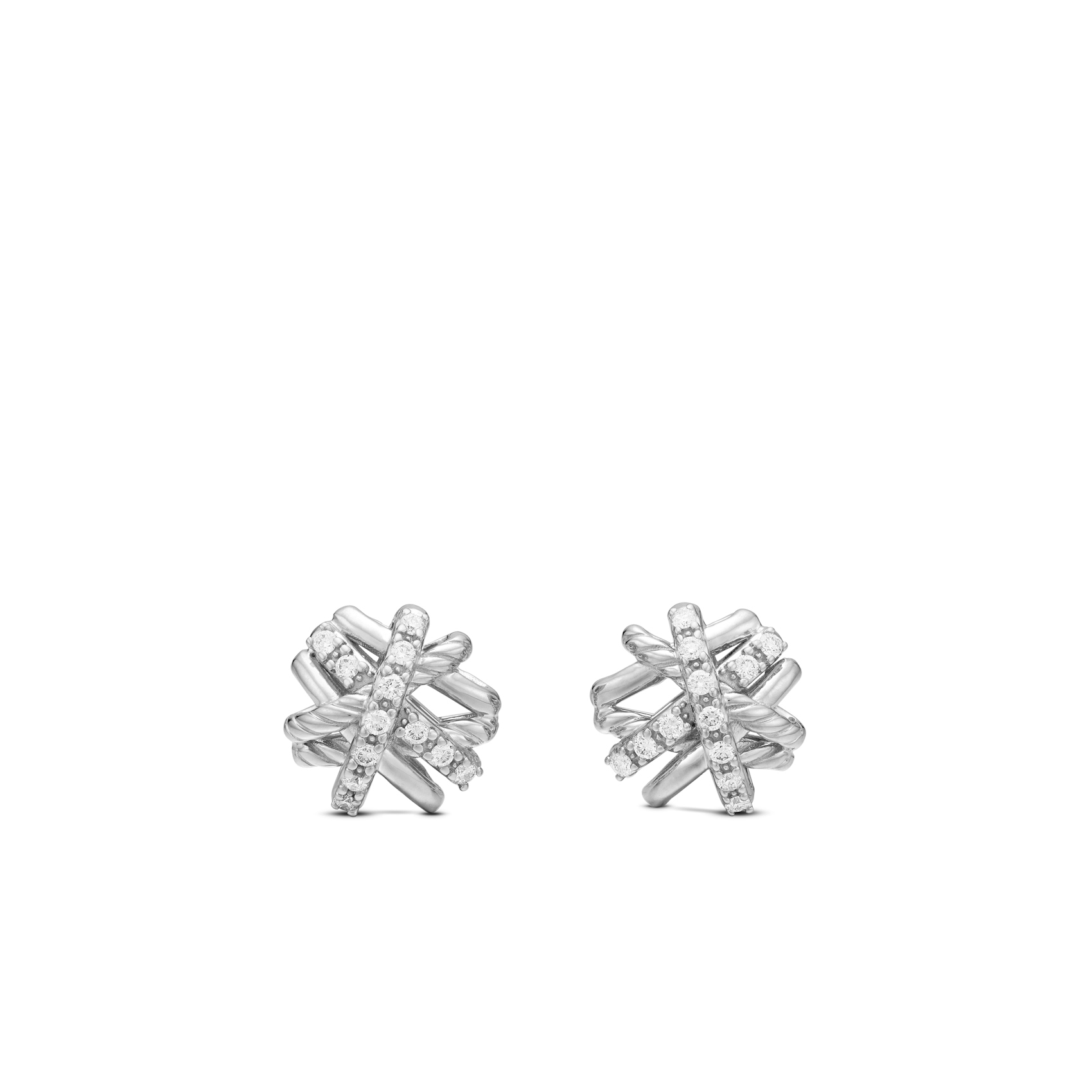 Vertical Crossover Stud Earrings in Sterling Silver with Diamonds, 11mm