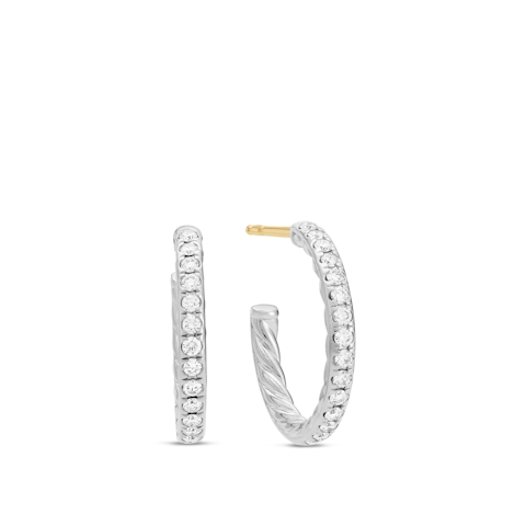 Vertical Pav Hoop Earrings in Sterling Silver with Diamonds, 19mm