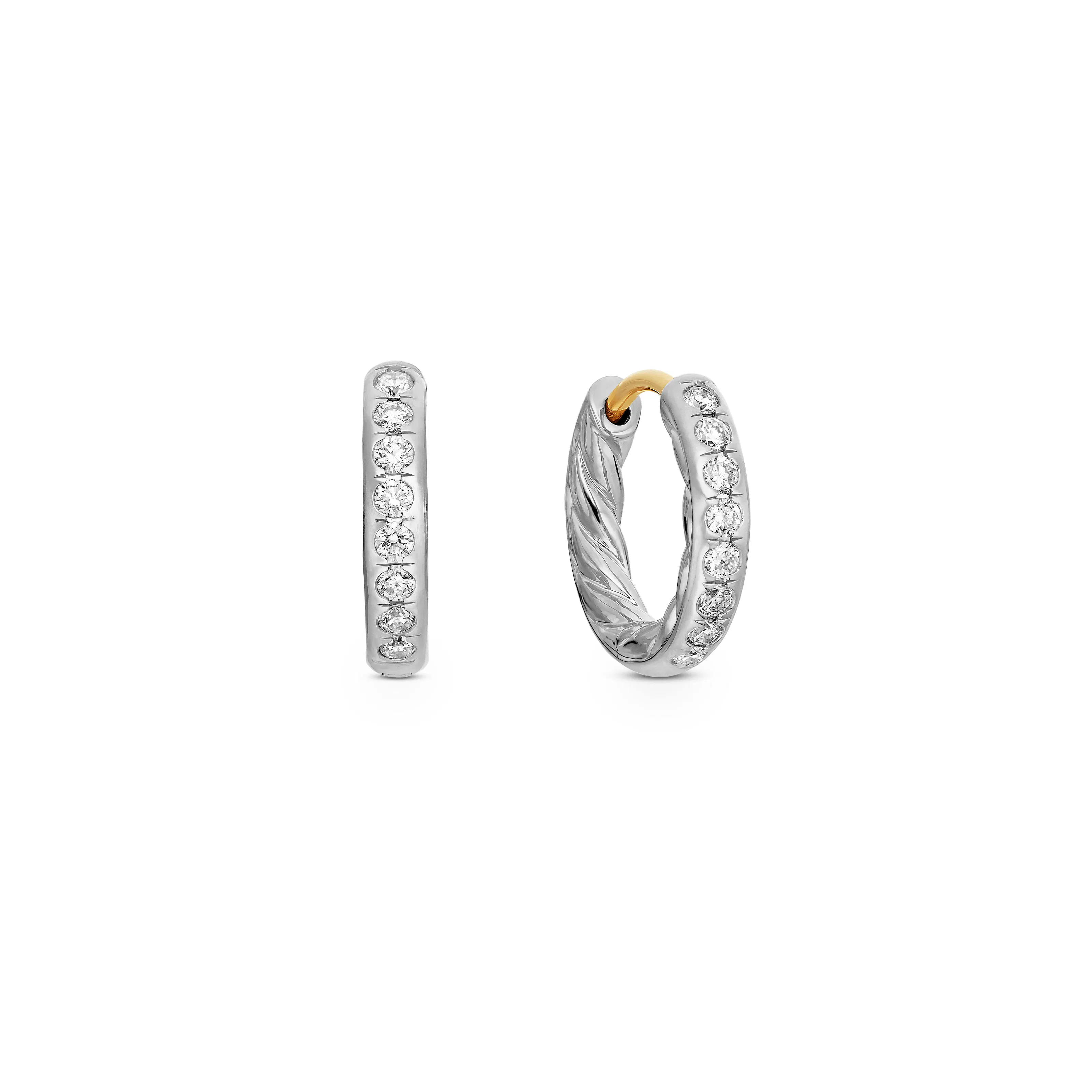 Vertical Sculpted Cable Huggie Hoop Earrings in Sterling Silver with Diamonds, 13mm