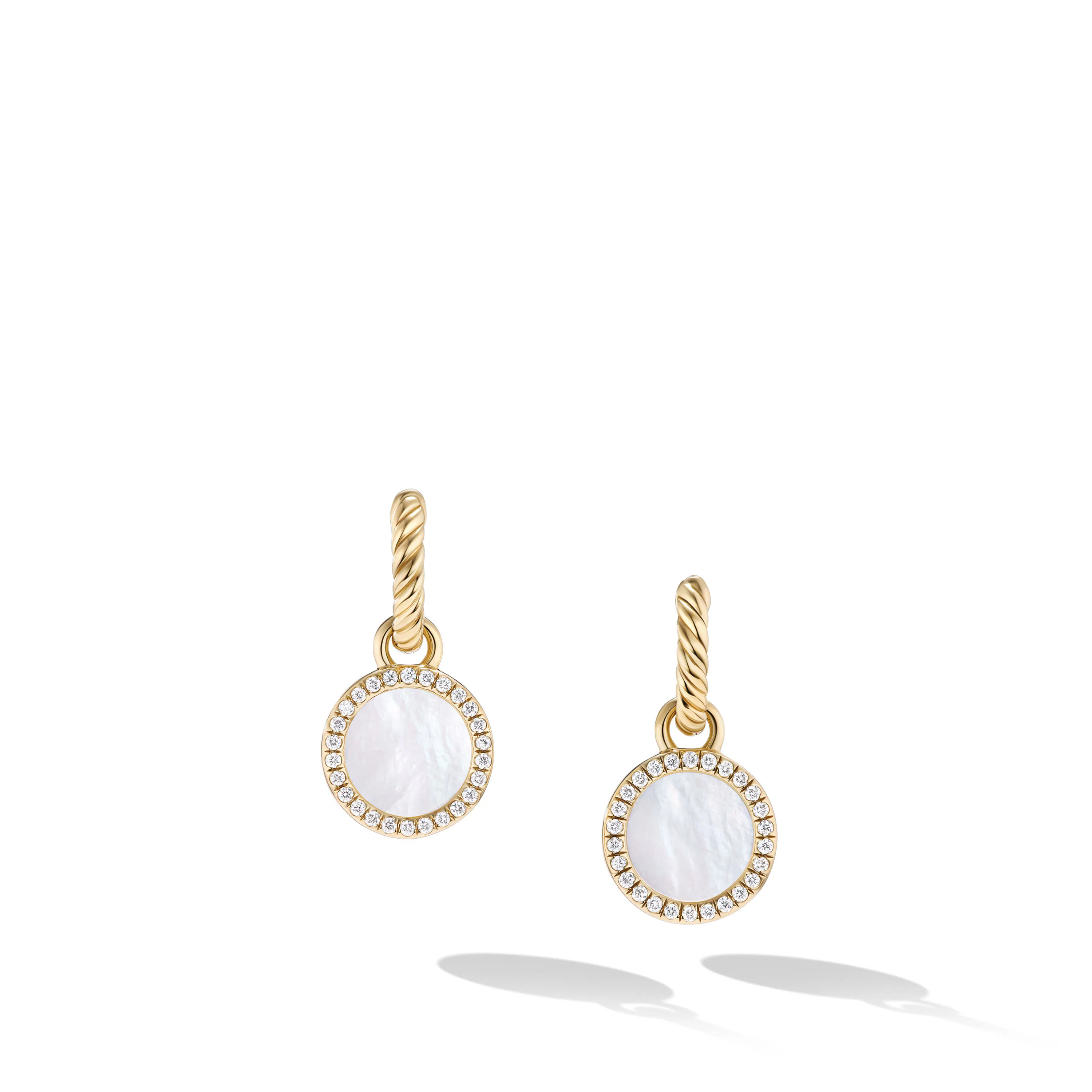 Vertical Petite DY Elements Drop Earrings in 18K Yellow Gold with Mother of Pearl and Diamonds, 22.6mm