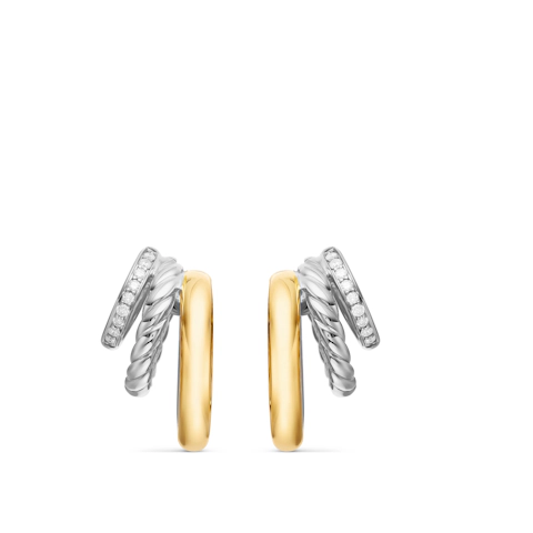 Vertical DY Mercer Multi Hoop Earrings in Sterling Silver with 18K Yellow Gold and Diamonds, 21mm
