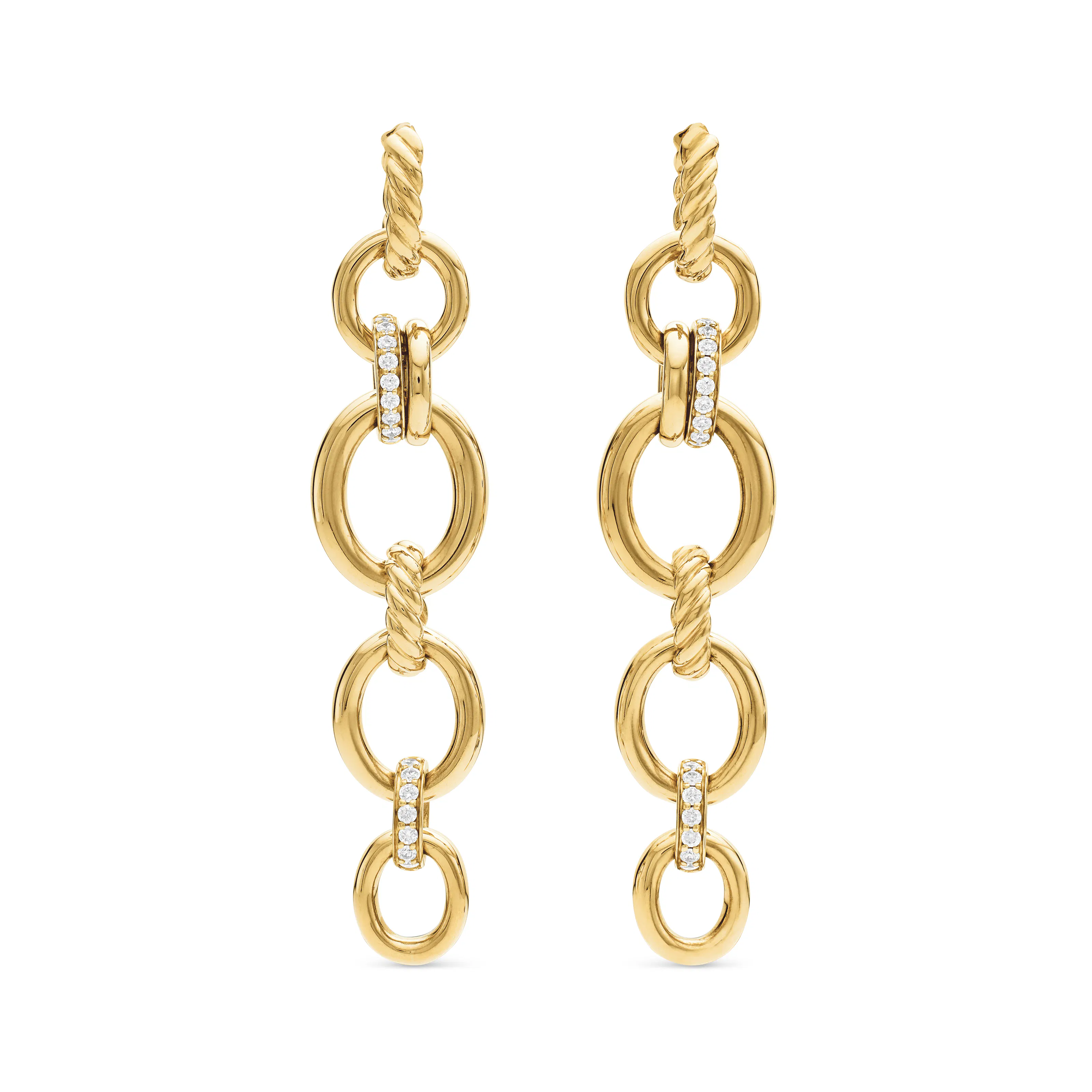 Vertical DY Mercer Linked Drop Earrings in 18K Yellow Gold with Diamonds, 68mm