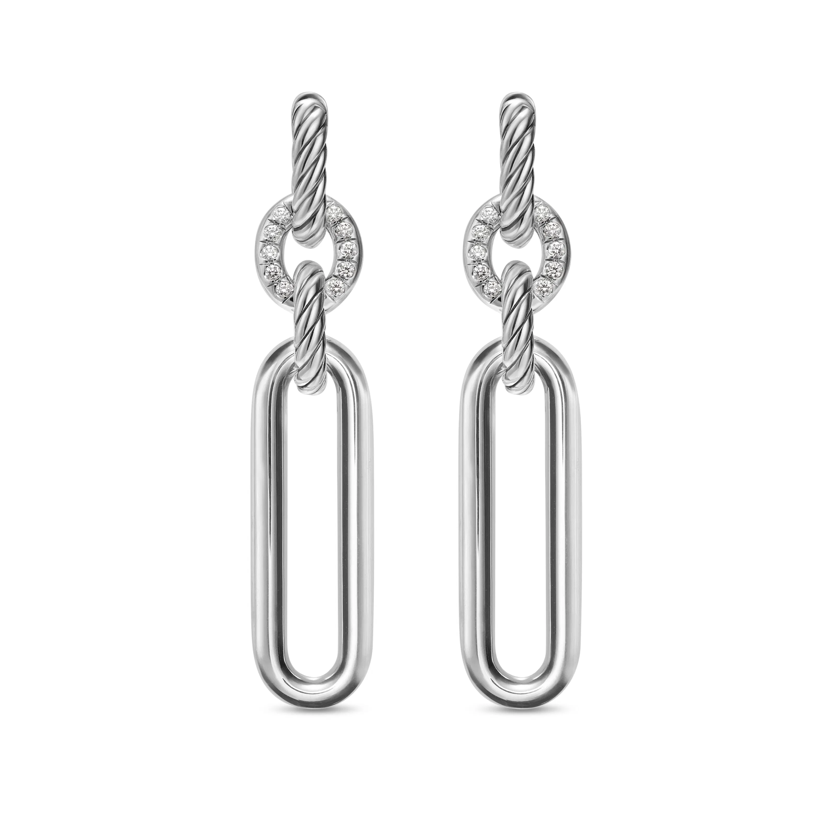 Vertical Lexington Double Link Drop Earrings in Sterling Silver with Diamonds, 54mm