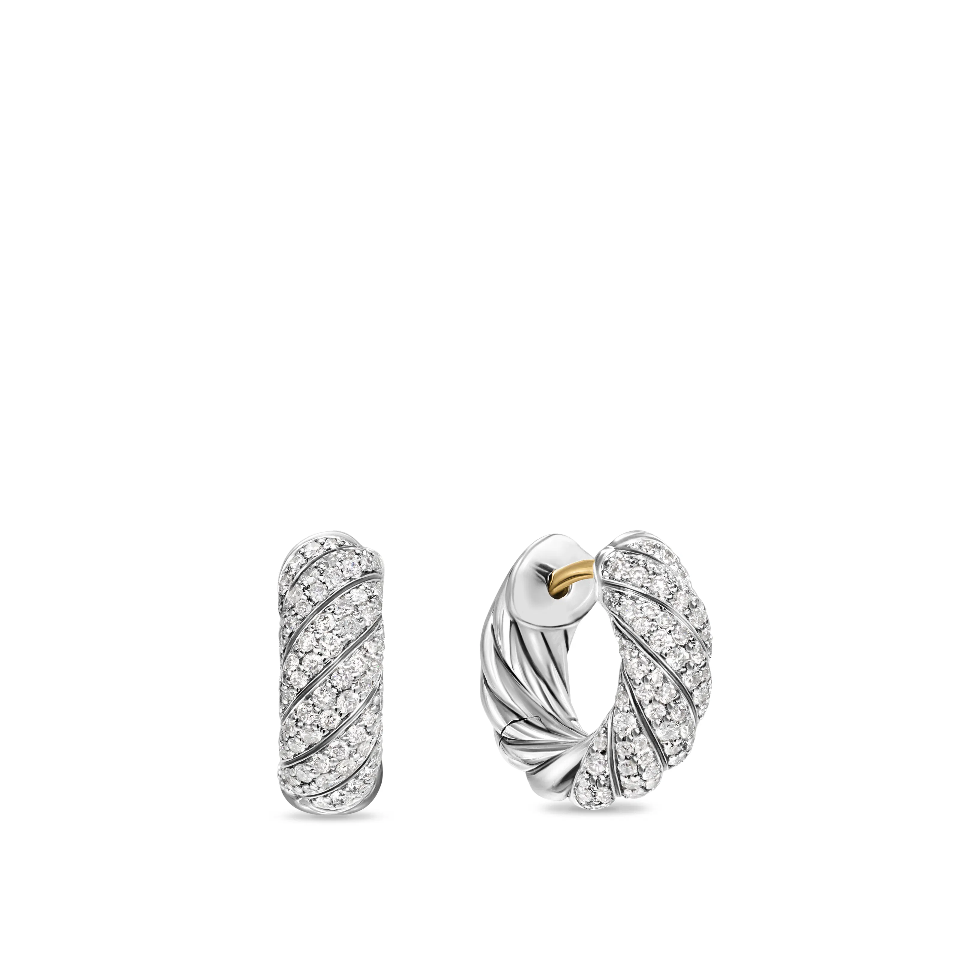 Vertical Sculpted Cable Hoop Earrings in Sterling Silver with Diamonds, 14.4mm