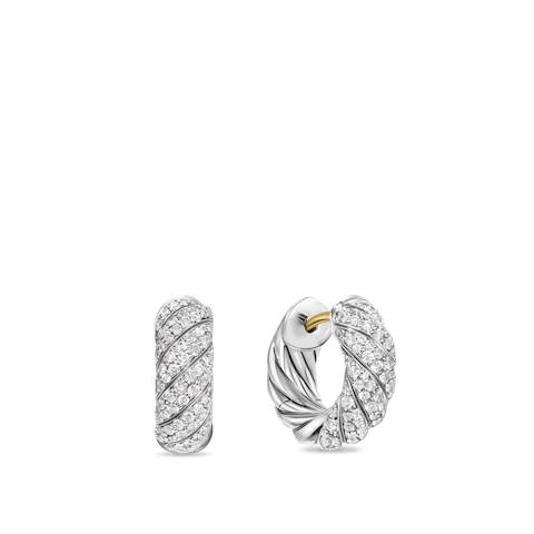 Vertical Sculpted Cable Hoop Earrings in Sterling Silver with Diamonds, 14.4mm