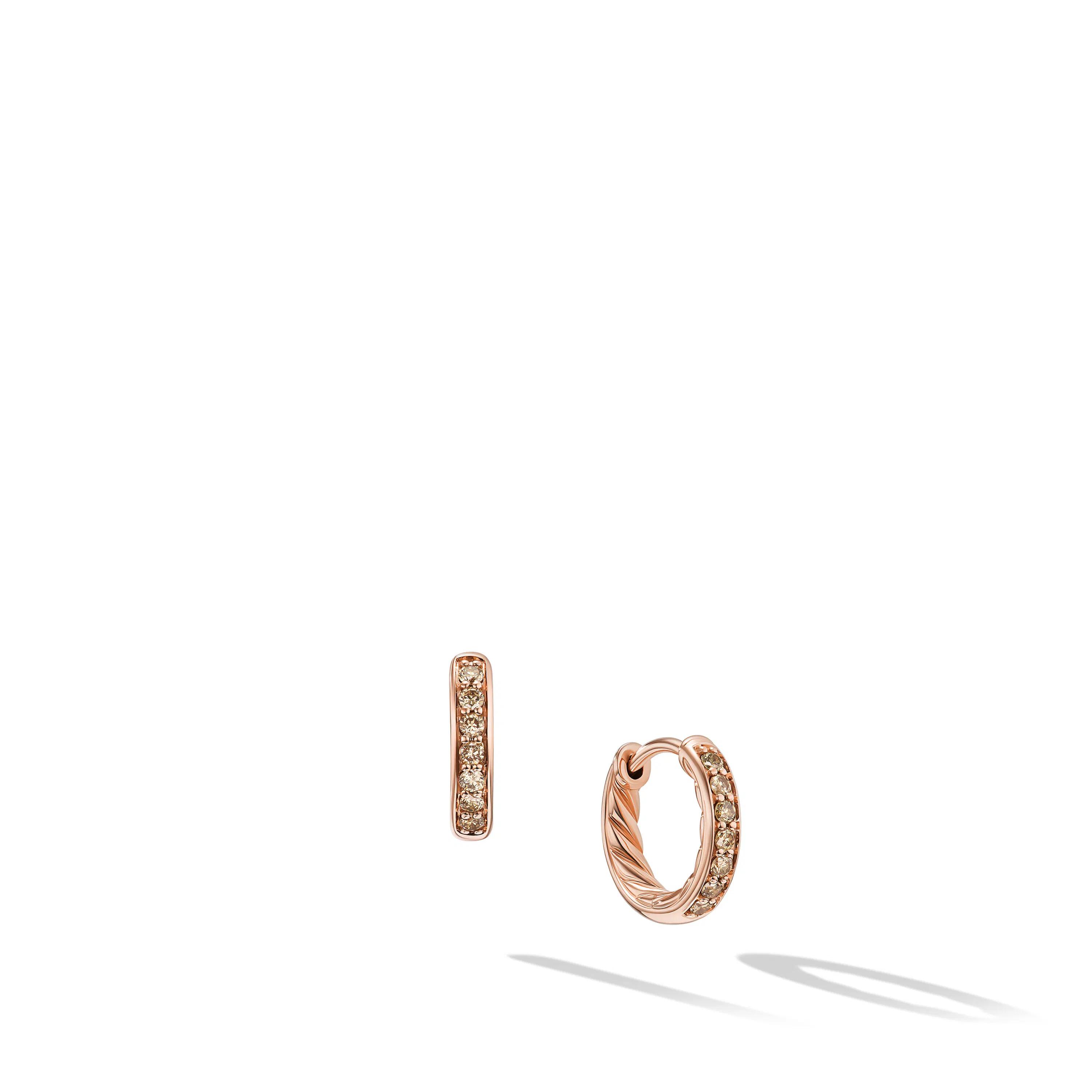Vertical Petite Pav Huggie Hoop Earrings in 18K Rose Gold with Cognac Diamonds, 12mm